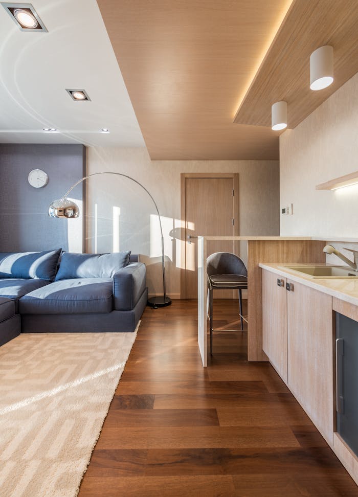 Home Contemporary living room with open kitchen and modern decor features ample lighting.